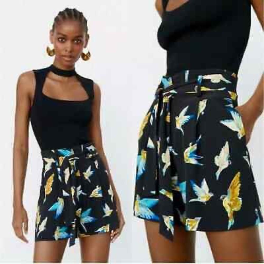 Zara Bird Print Black Paper Bag Self Belt‎ Shorts Sz S